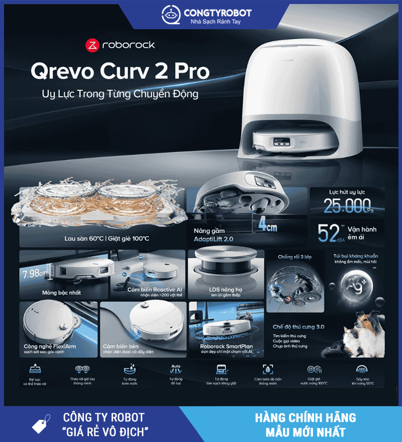 Roborock Q revo Curv2 Pro Trắng - Robot Hút Bụi Lau Nhà Thông Minh